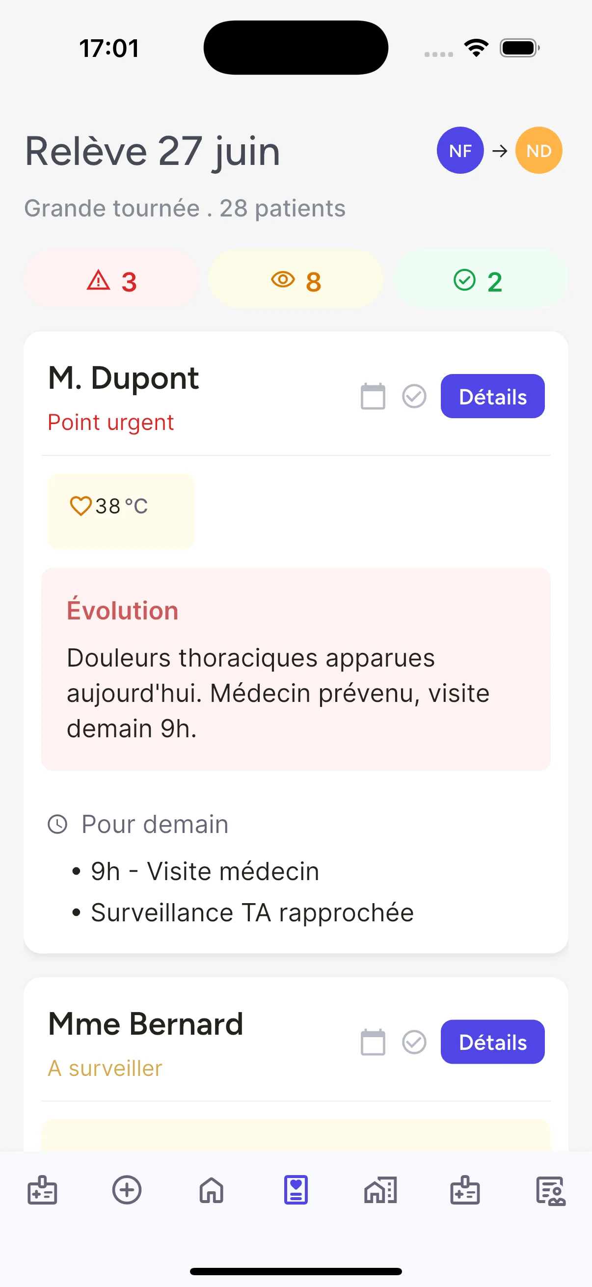 Relève Mellya avec les informations et points à suivre par patient
